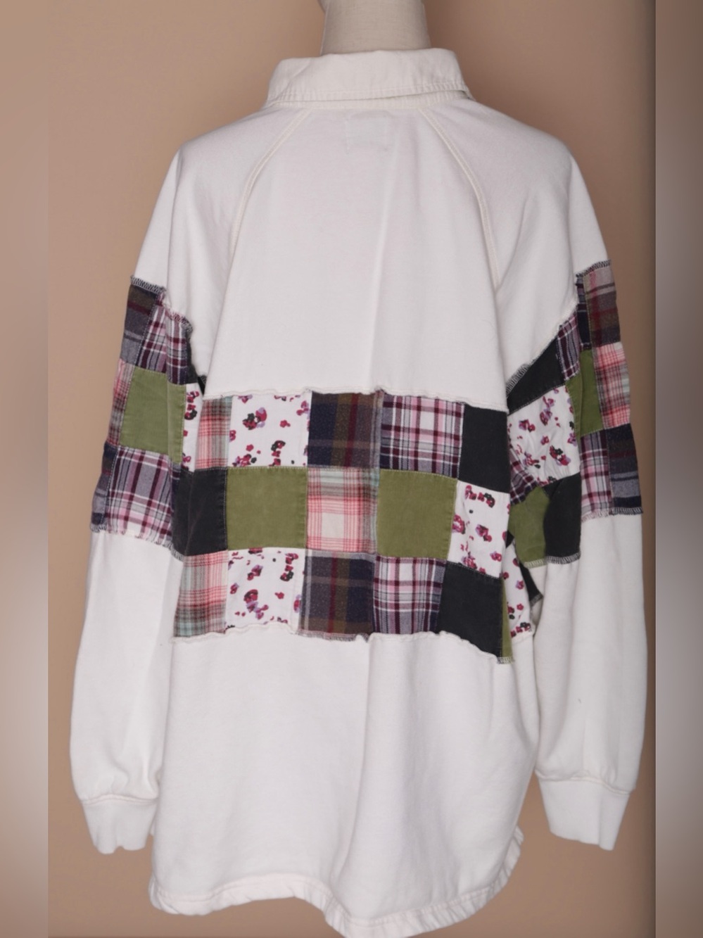 BDG Patchwork Plaid Oversized Rugby Shirt Cream Medium - Picture 4 of 6